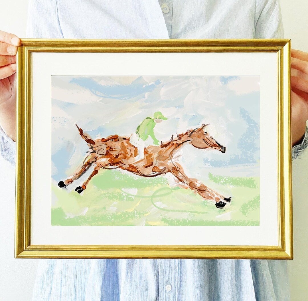Grandmillenial Wall Decor | Nursery Pastel Digital Art Print | Horse Jockey Derby Vintage Oil Pai... | Etsy (US)