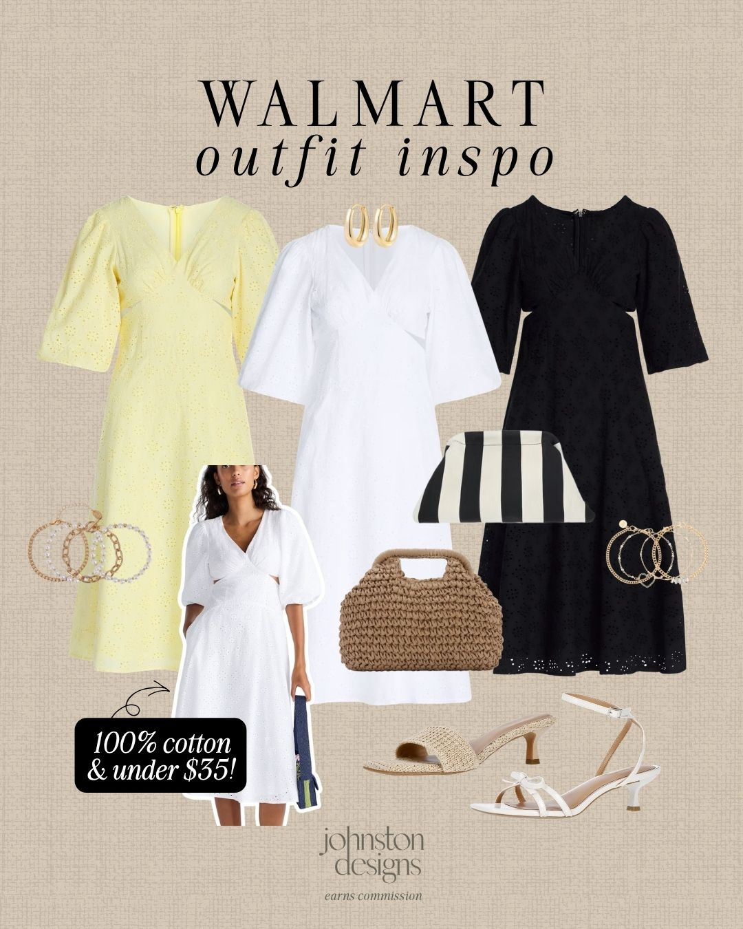 Walmart outfit inspo with 100% cotton dresses under $35 and easy summer accessories. 🤍

Outfit inspo, summer outfit, Walmart fashion, affordable finds, cotton dress, eyelet dress, white dress, black dress, straw bag, kitten heels, gold hoops, vacation look, brunch style, look for less. 

 #LTKootd #LTKSeasonal