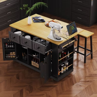 Kitchen Island with Drop Leaf, Power Outlet, Door Storage, Rolling Cart on 5 Wheels wipen Side Racks for Kitchen & Dining Room. | Target