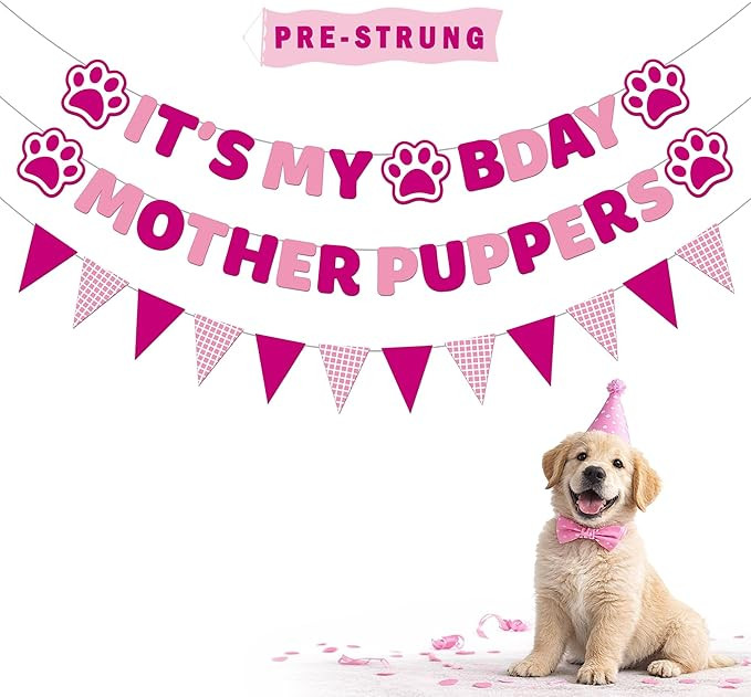 Vicycaty Puppy Dog Birthday Banner, Mother Puppers, It's My Bday, Pink Pennants, 98.43x16.69 inch... | Amazon (US)
