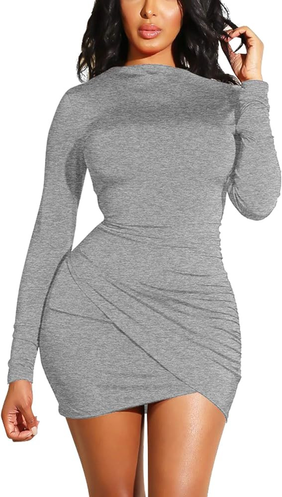 GOBLES Women's Long Sleeve Elegant Sexy Bodycon Ruched Mini Cocktail Dress | Amazon (US)