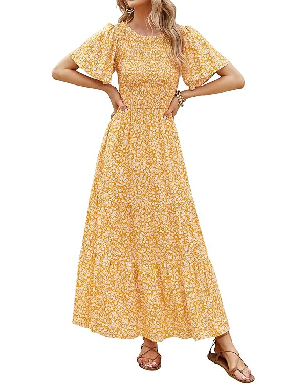 ZESICA Women's 2024 Summer Casual Floral Print Short Flutter Sleeve Crew Neck Smocked High Waist ... | Amazon (US)