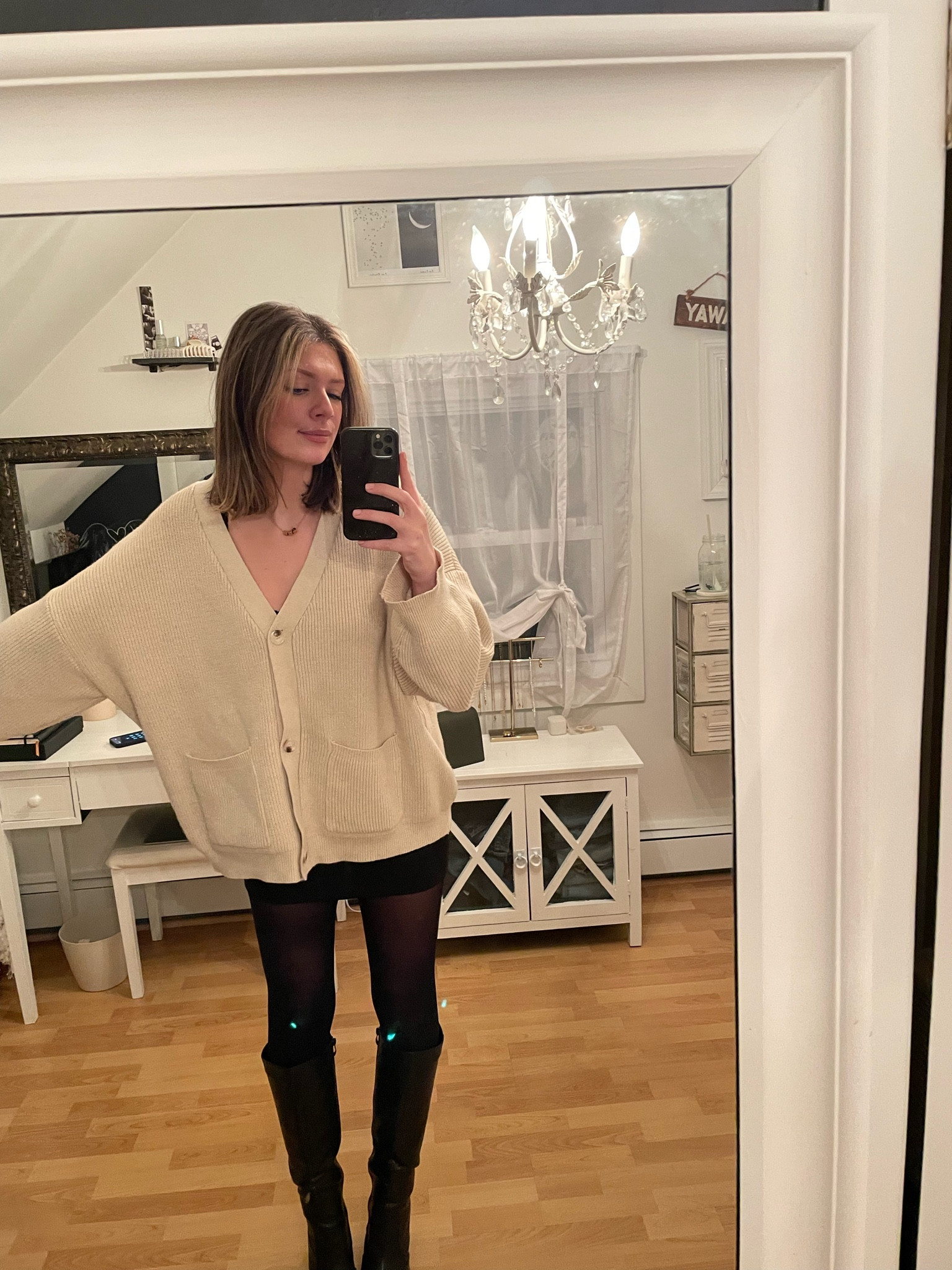 Chunky cardigan with skirt and tights for chilly night out with friends ! 

#LTKFind #LTKunder100 #LTKunder50