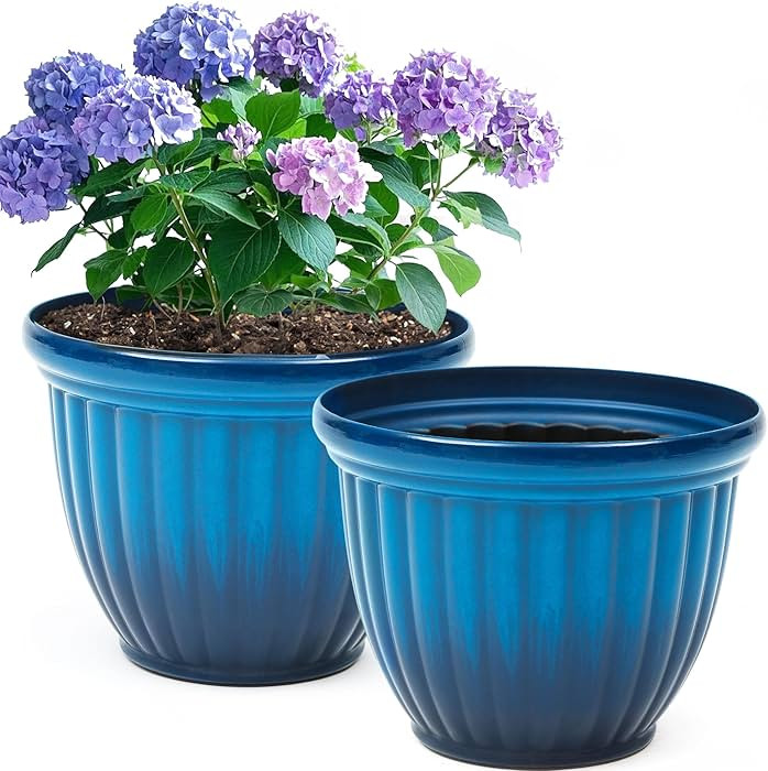 15" H Large Flower Pots, Set of 2 Plastic Planters for Outdoor Plants with Gradient Blue Finish a... | Amazon (US)