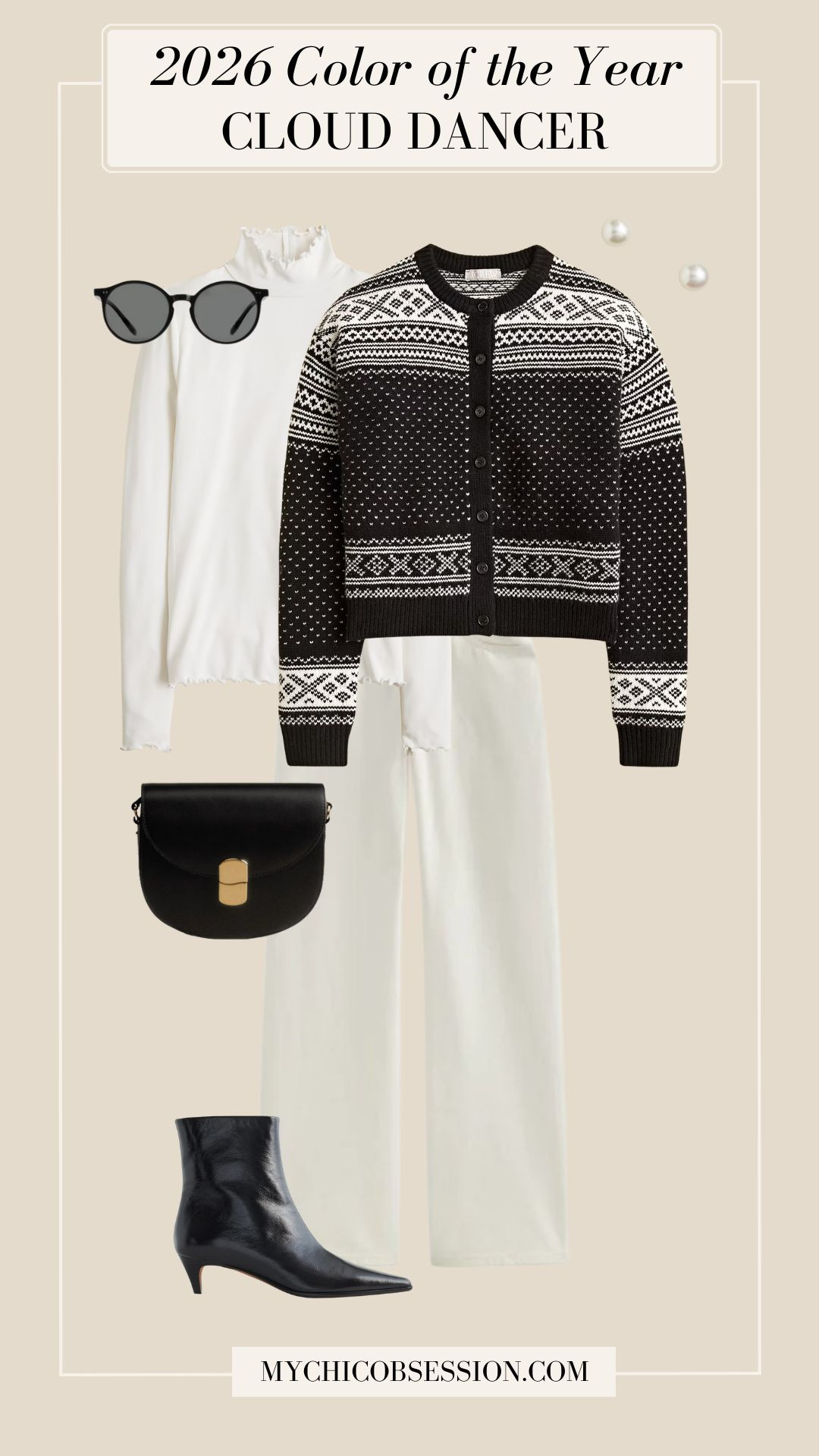 Style Pantone Color of the Year 2026 "Cloud Dancer" with a Fair Isle sweater, white turtleneck, off-white jeans, a leather handbag, ankle boots, pearl earrings and classic sunglasses. 

 #LTKSeasonal