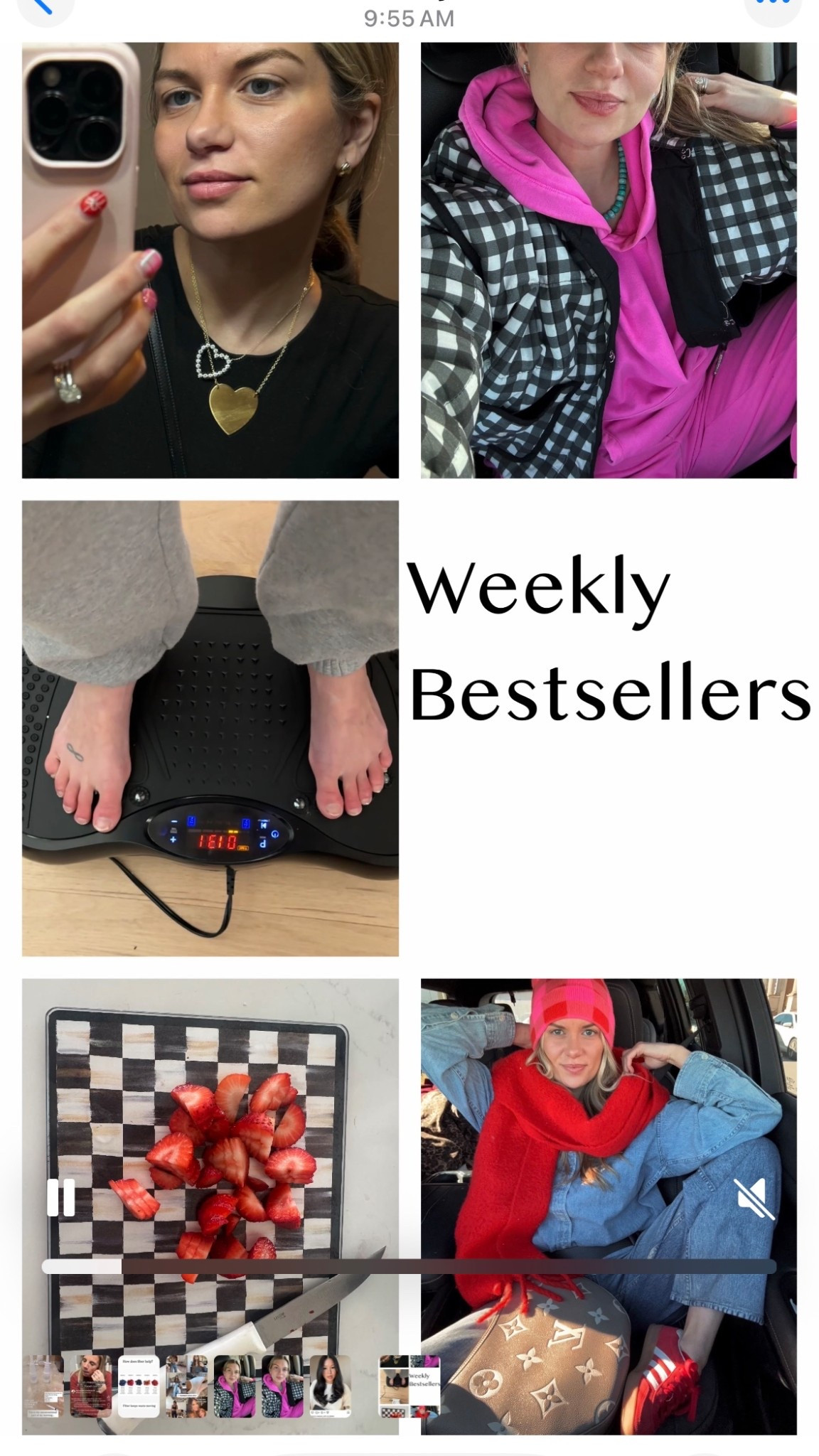Weekly bestsellers
Mom of 3
Heart necklaces 
Red adidas shoes
Pink sweatsuit set
Vibration plate
@Aritzia  
@adidas 
@gapstyle 