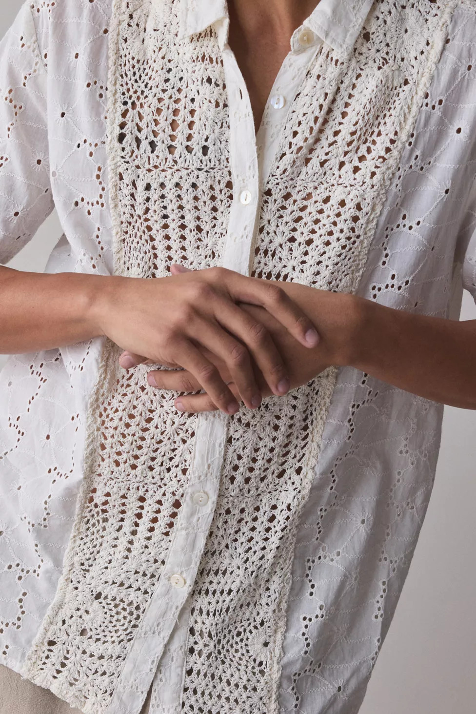 Raga Man Riian Crochet Panel Short Sleeve Shirt | Urban Outfitters (US and RoW)