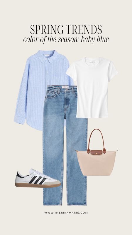 Spring fashion trends. Spring outfit. Jeans. Vacation outfit. Casual outfit. Button down outfit. Adidas samba. Longchamp tote bag. Abercrombie jeans

#LTKSeasonal #LTKfindsunder100 #LTKstyletip