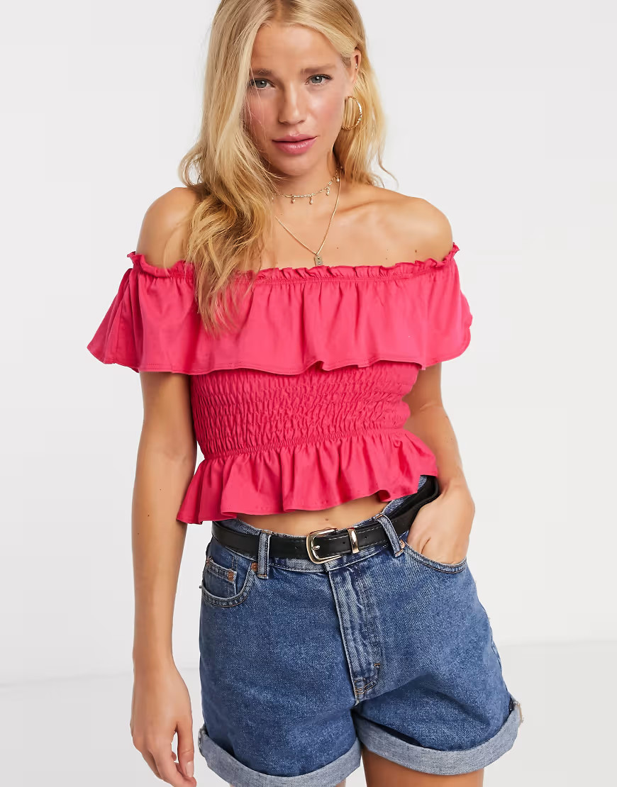 Miss Selfridge shirred top in pink | ASOS (Global)