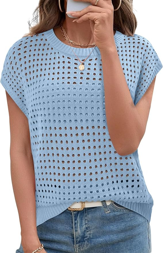 BETTE BOUTIK Women's Sleeveless Sweater Vest 2026 Summer Crew Neck Hollow Out Knit Lightweight Pu... | Amazon (CA)