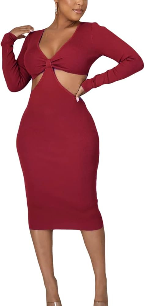 Women's Sexy V Neck Backless Long Sleeve Dresses Party Club Elegant Hollow Out Dress (Wine, Small... | Amazon (US)