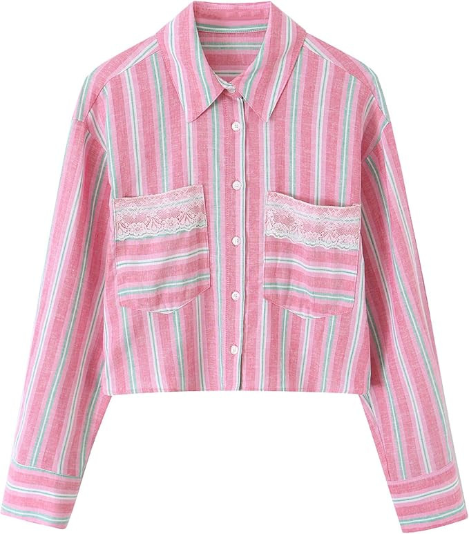 FindThy Women’s Striped Button Down Shirt Classic Lace Patchwork Cropped Summer Shirts Tops | Amazon (US)