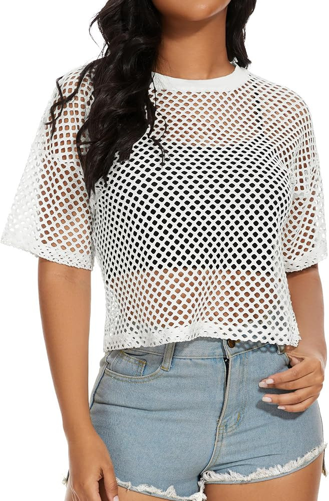 Women's Mesh Fishnet Top Short Sleeves Sheer T Shirts See Through Cover Up | Amazon (US)