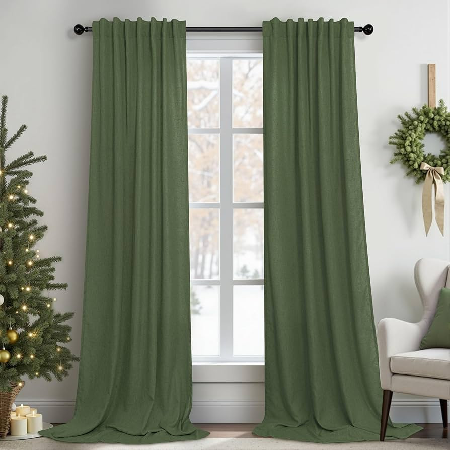 Pitalk Olive Green Curtains 90 Inch Length for Dining Room 2 Panel Set Back Tab Pocket Linen Shee... | Amazon (US)