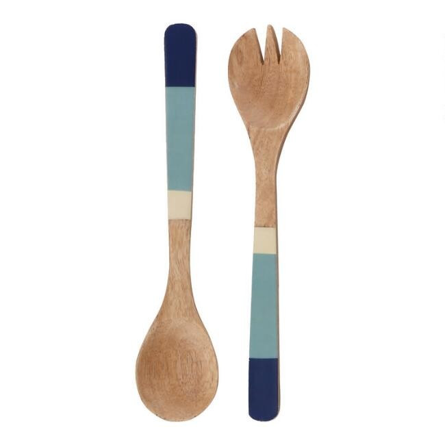 Blue and White Stripe Enamel Wood Servers 2 Piece Set | World Market