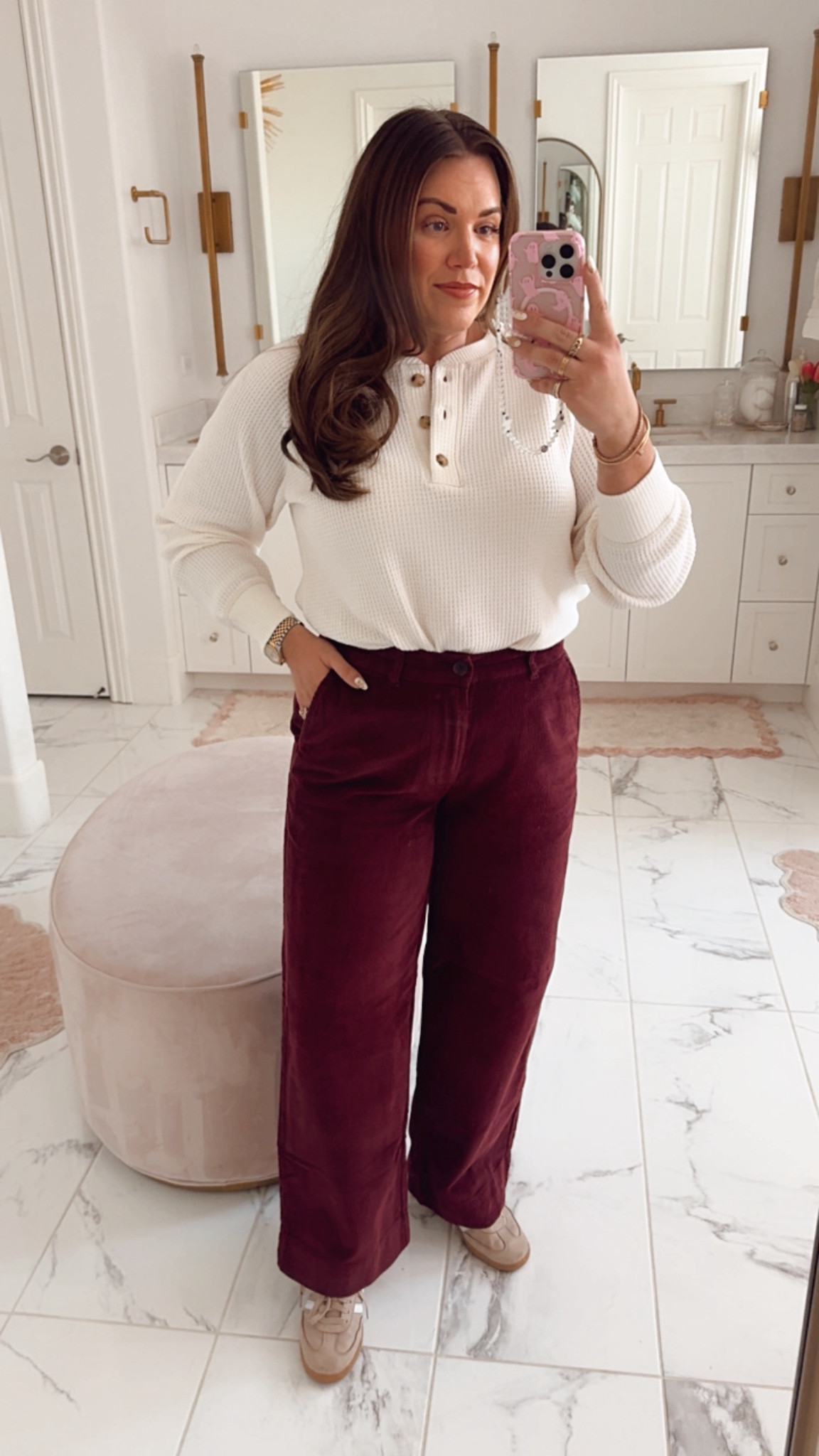 curvy casual outfit for fall and thanksgiving! wearing size large in white thermal top and size 12 in burgundy cord wide leg pants 

#LTKFindsUnder50 #LTKSeasonal #LTKMidsize