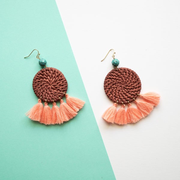 Brown Rattan Circle Coral Tassel Earrings | Panacea