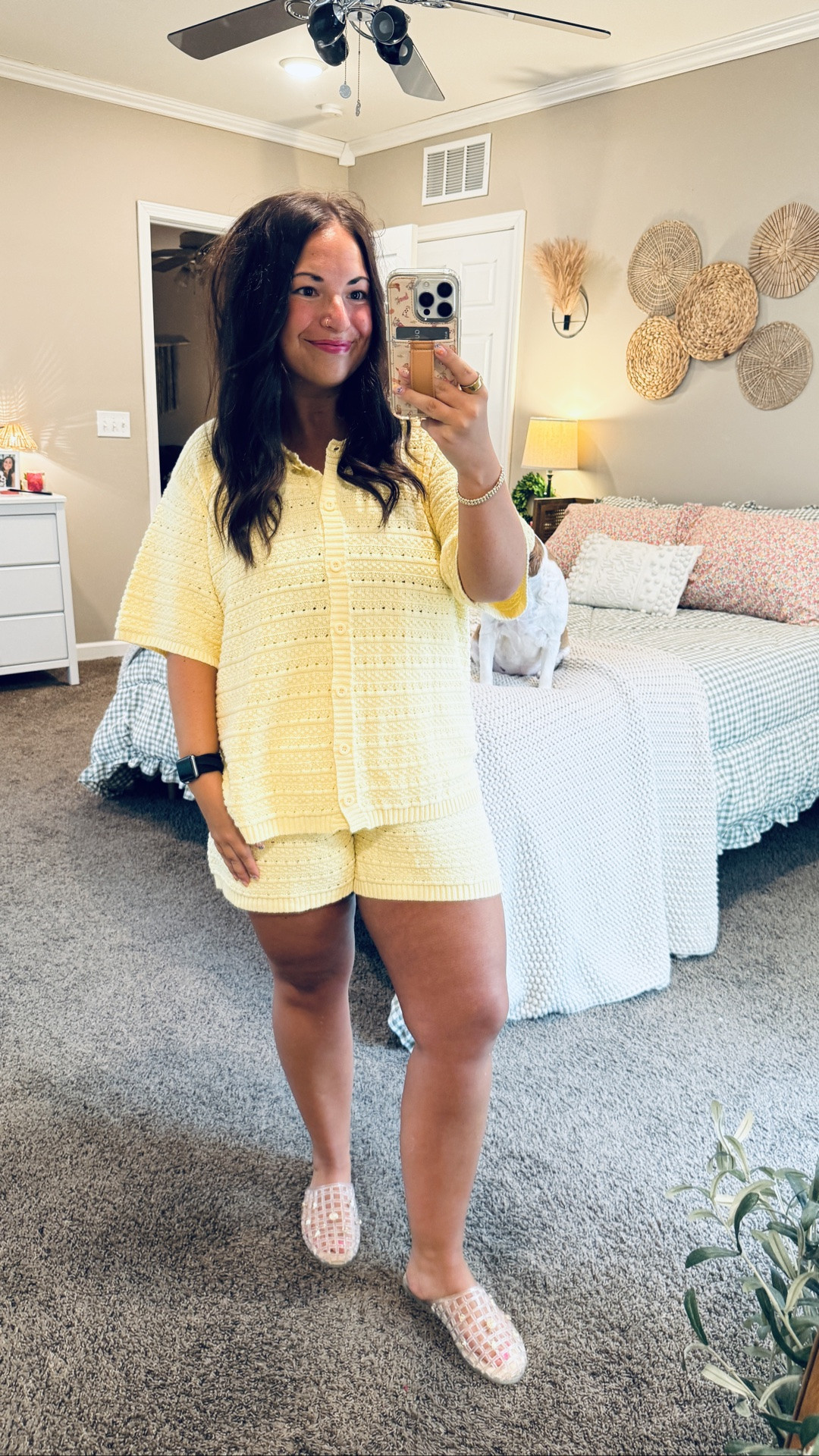 Vacation outfit, unlocked 💛🌊☀️ This crochet cover-up set fits true to size, feels like great quality, & is the perfect throw-on over your swimsuit. I love that it comes with both the cardigan & matching shorts, & it also comes in 5 other colors! 🤍✨ 

 #amazonfinds #beachcoverup #vacationstyle #crochetset #summerstyle #amazonfashion #LTKootd #LTKSeasonal #LTKMidsize