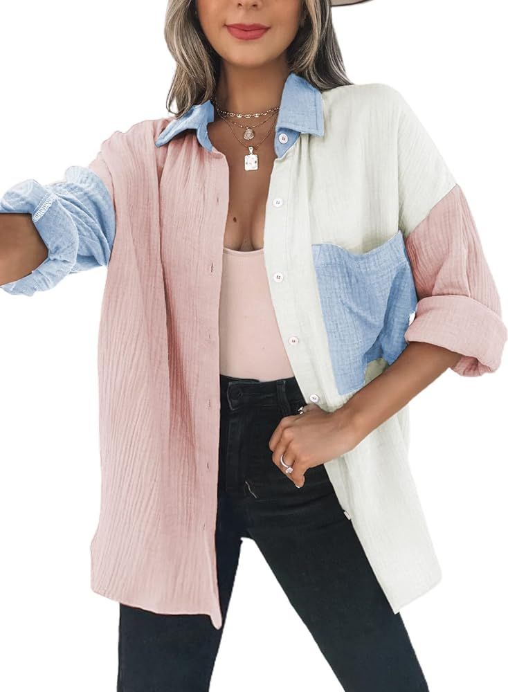 Dokotoo Womens Color Block Button Down Shirts Long Sleeve Oversized Boyfriend Blouses Tops | Amazon (US)