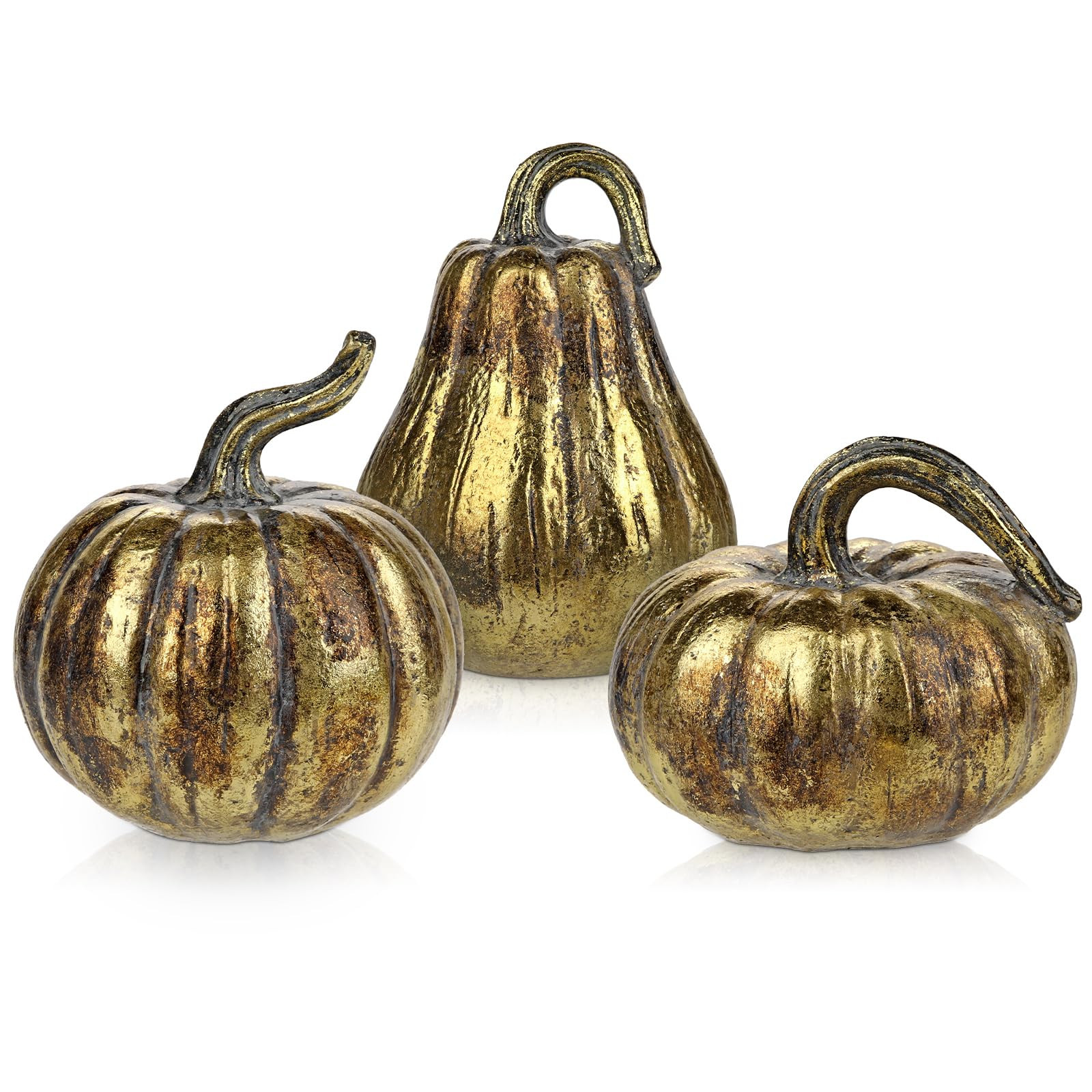 Hollyone Fall Pumpkin Decor 3 PCS Gold Resin Pumpkin Figurines Fake Pumpkins for Decorating Faux ... | Amazon (US)