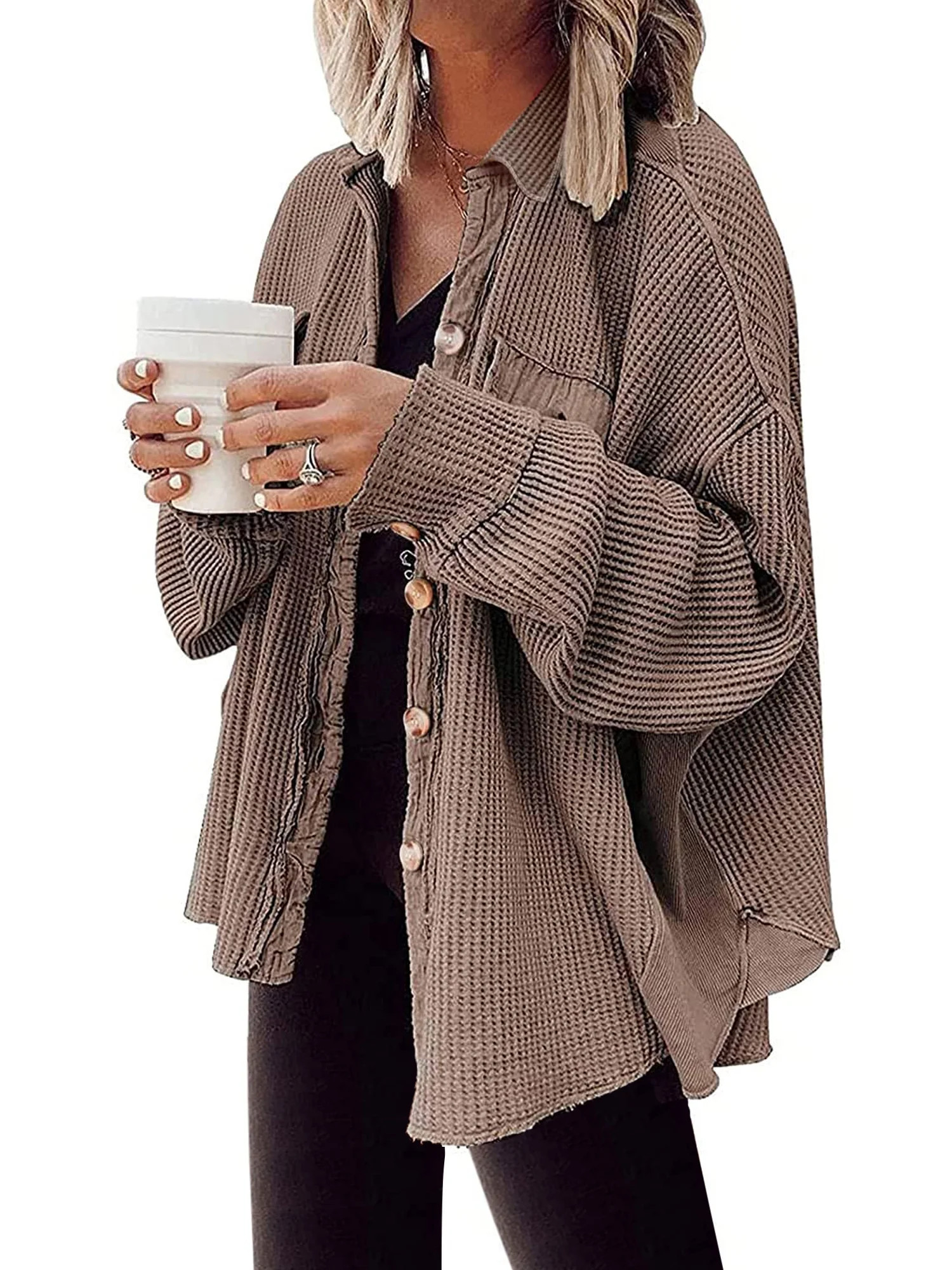 UVN Womens Shacket Jacket Waffle Shirts Long Sleeve Button Down Boyfriend Shirt Coats Side Elasti... | Walmart (US)