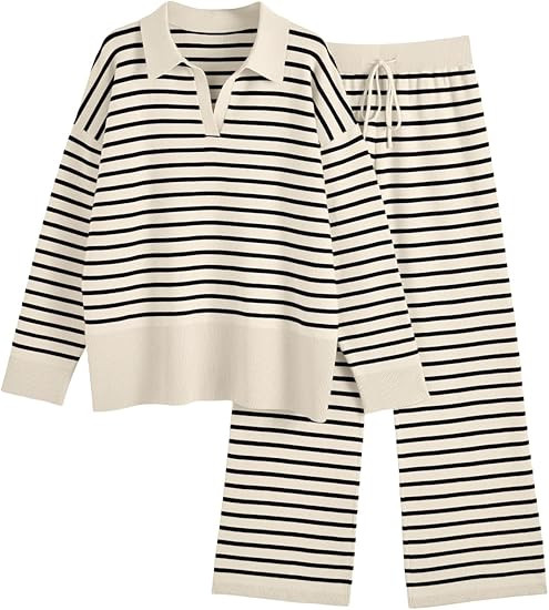 LILLUSORY Women Striped 2 Piece Outfits Lounge Sets Knit Matching V Neck Striped Oversized Sweate... | Amazon (CA)