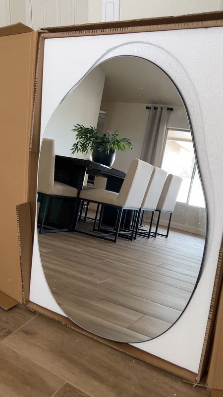 Mirror unboxing for our entry table!  This is the 26”x38” size 
••
Entryway decor, entryway styling, entry table styling, entry table decor, mirror, asymmetrical mirror, organic mirror, decor 

#LTKfindsunder100 #LTKhome