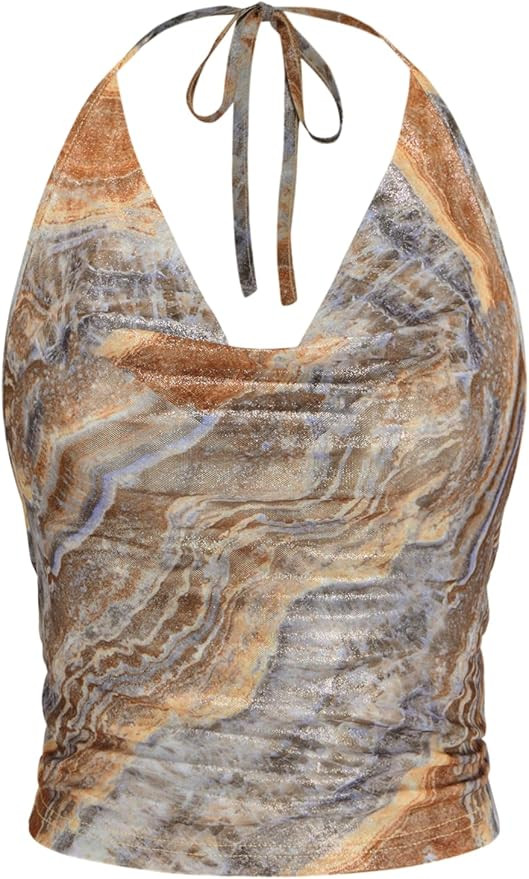 CIDER Halter Cowl Neck Abstract Crop Top | Amazon (US)