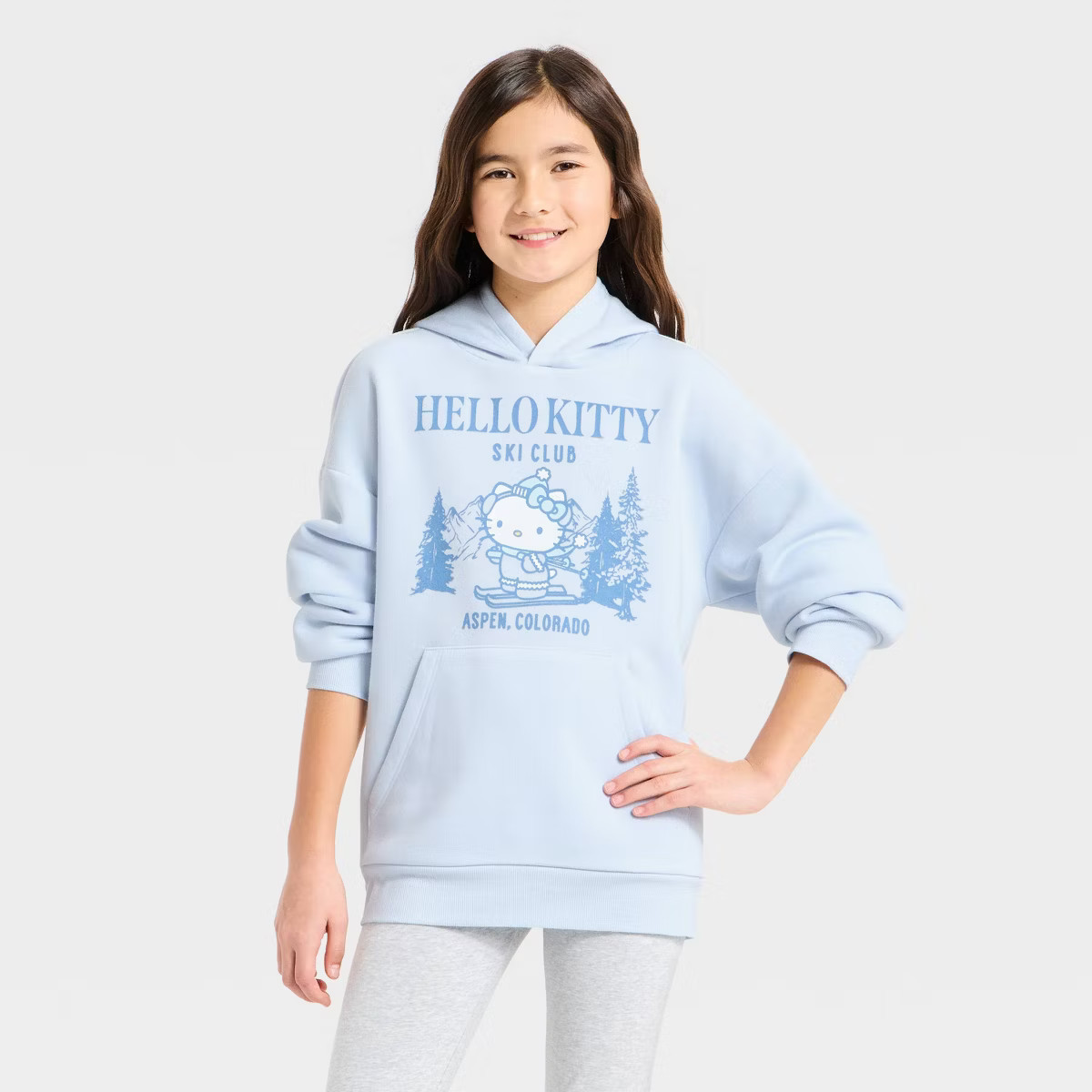 Girls' Hello Kitty Aspen Ski Club Oversized Hooded Fleece Sweatshirt - Sky Blue | Target