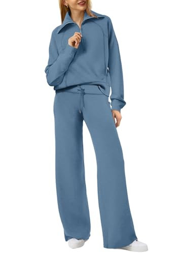 XIEERDUO Matching Sets For Women Loungewear Half Zip Sweatshirt And Wide Leg Sweatpant Haze Blue XL | Amazon (US)