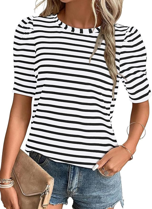 Dokotoo Women's Casual Short Puff Sleeve Crew Neck Striped T Shirts Summer Tops | Amazon (US)