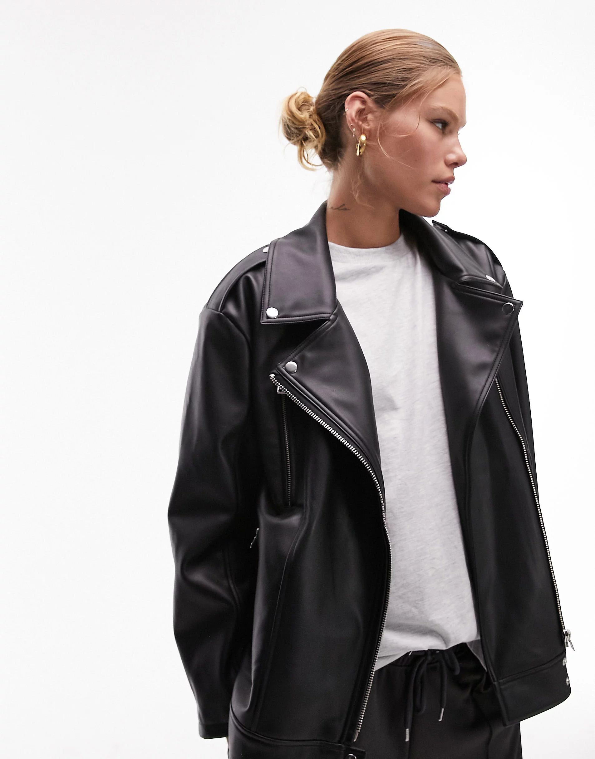 Topshop faux leather super oversized biker jacket in black | ASOS (Global)