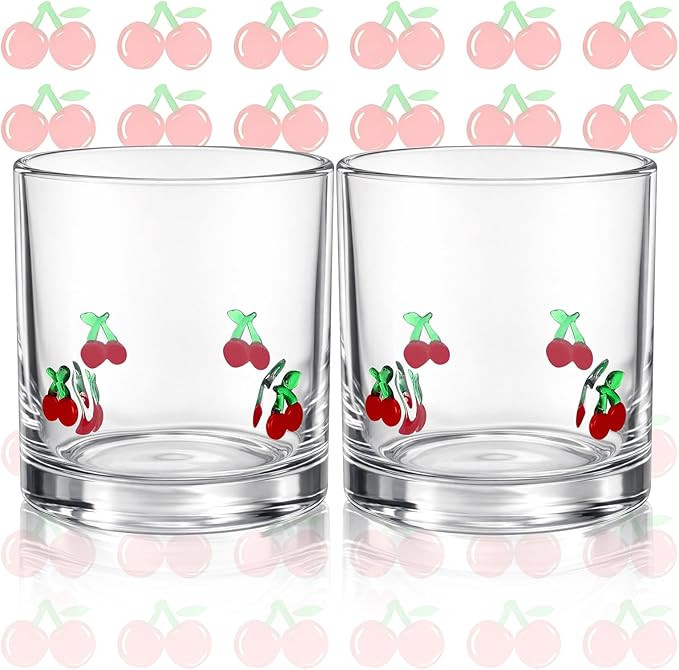 2 Pcs Cherry Icon Juice Glass 14 oz Cherry Reusable Stemless Icon Drinking Glasses Cups for Birth... | Amazon (US)