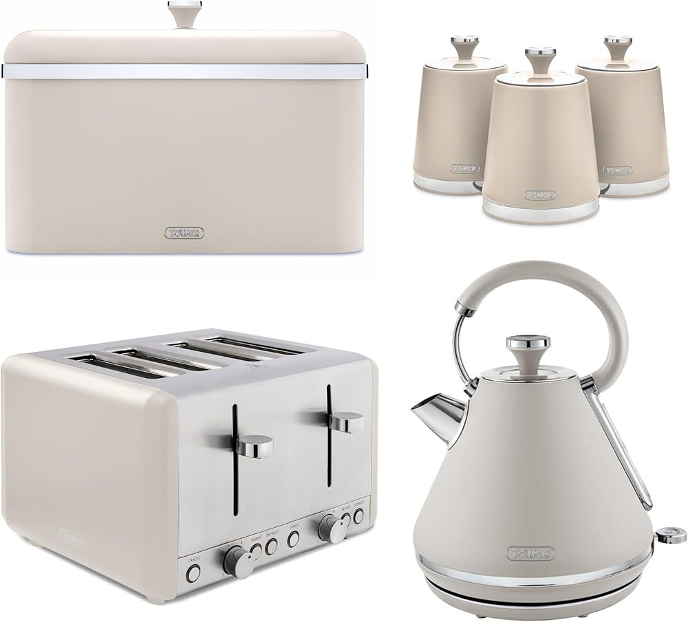 Tower Cavaletto Latte Pyramid Kettle, 4 Slice Toaster, Bread Bin & Canisters Set. Contemporary Ma... | Amazon (UK)