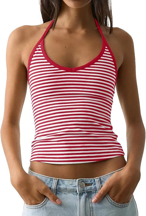 Cioatin Women Sleeveless Striped Colorblock V Neck Crop Cami Tank Y2K Aesthetic Tie Up Halter Bac... | Amazon (US)