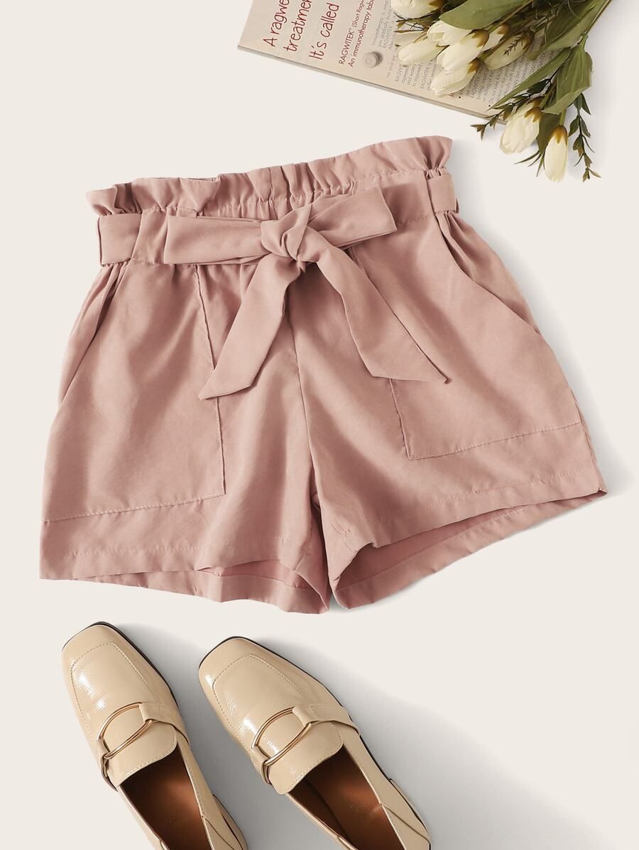 SHEIN Paperbag Waist Pocket Patched Shorts | SHEIN