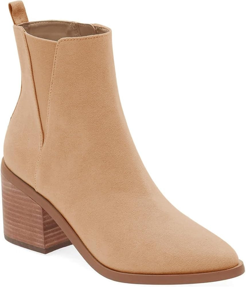 Coutgo Womens Pointed Toe Ankle Boots Chunky Block Stacked Heel Side Zipper Chelsea Fall Booties | Amazon (US)