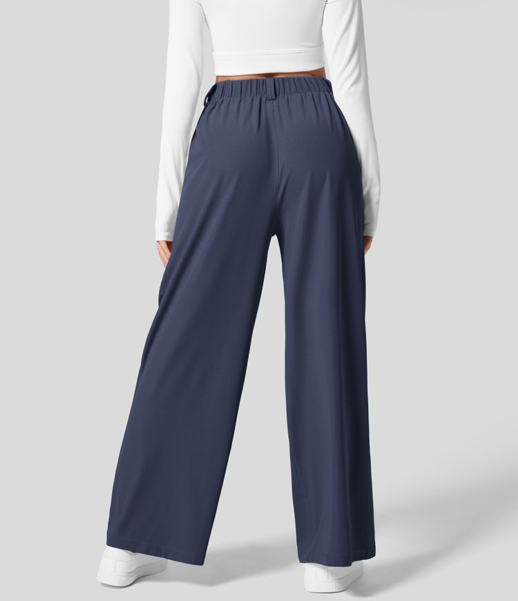 High Waisted Plicated Side Pocket Wide Leg Waffle Casual Pants | HALARA