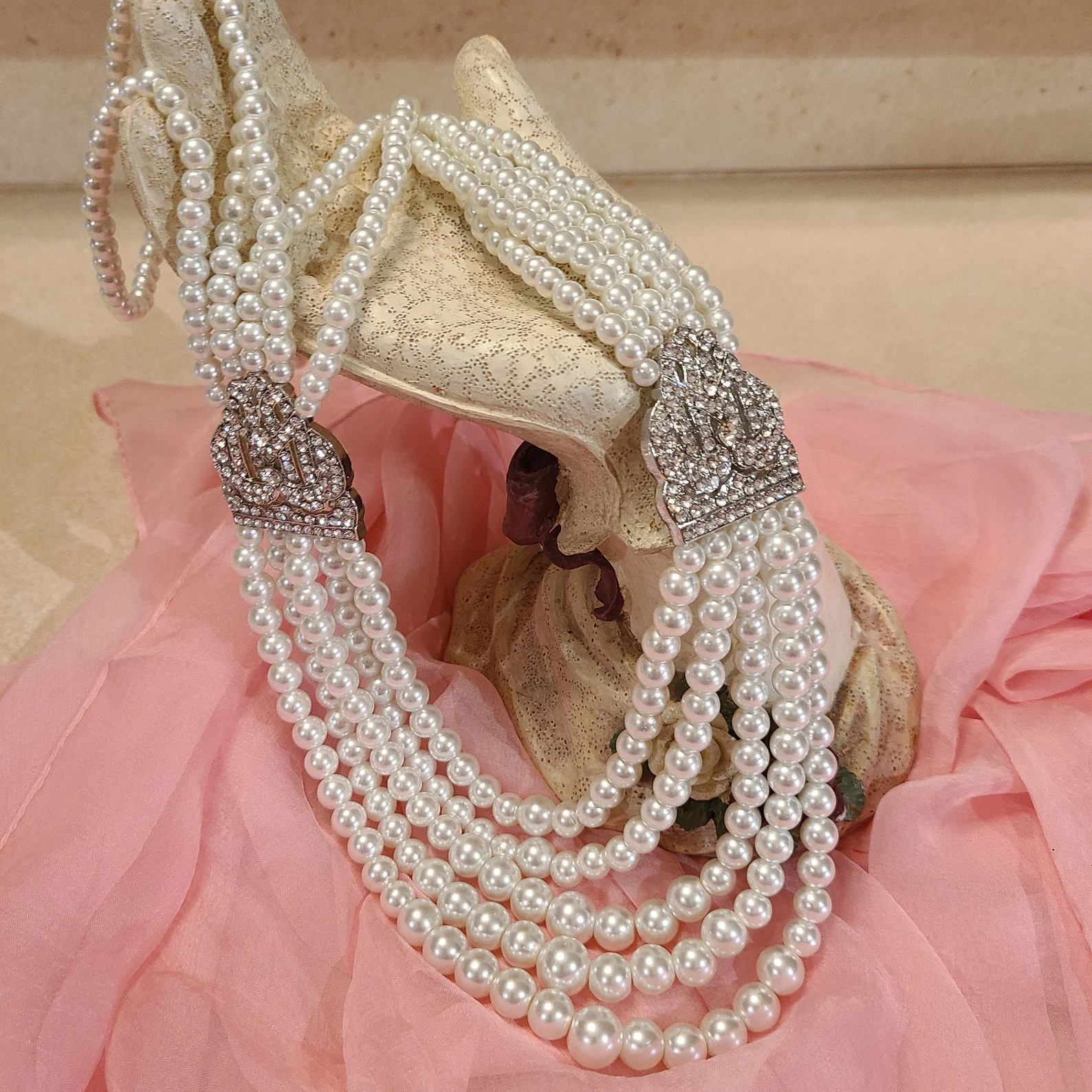 Elegant Faux 5 Strand White Pearl Necklace W/ Rhinestone - Etsy | Etsy (US)