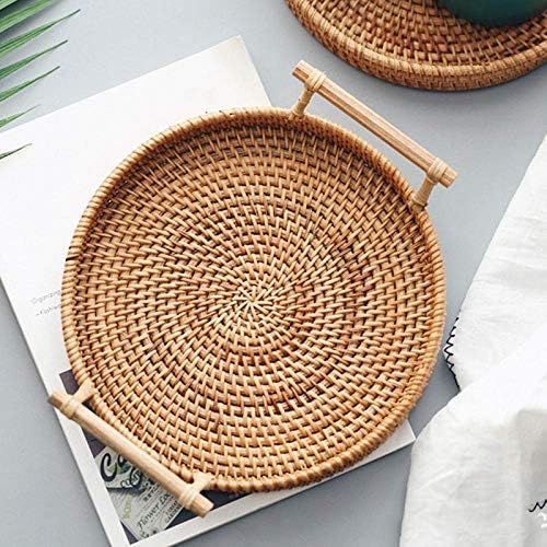 Rattan Storage Tray, Round Basket with Handle, Hand-Woven, Rattan Tray Wicker Basket Bread Fruit ... | Amazon (US)