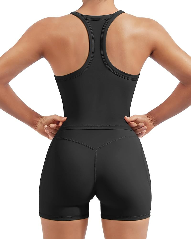 SUUKSESS Women 2 Piece Workout Sets High Waisted Biker Shorts with Pockets Built in bra Racerback... | Amazon (US)