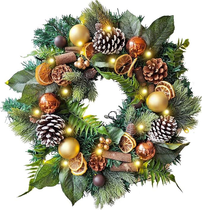 WANNA-CUL Pre-Lit 20 Inch Lighted Christmas Wreath for Front Door Decoration with Copper Gold Chr... | Amazon (US)