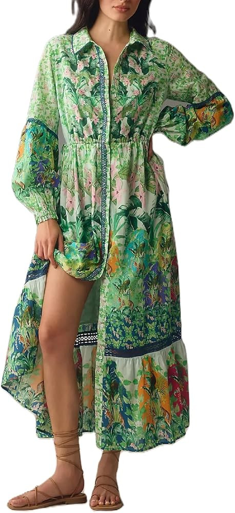 Melliflo Graphic Button Down Maxi Dress Women Fashion Graffiti Puff Sleeve Spring Wedding Guest D... | Amazon (US)