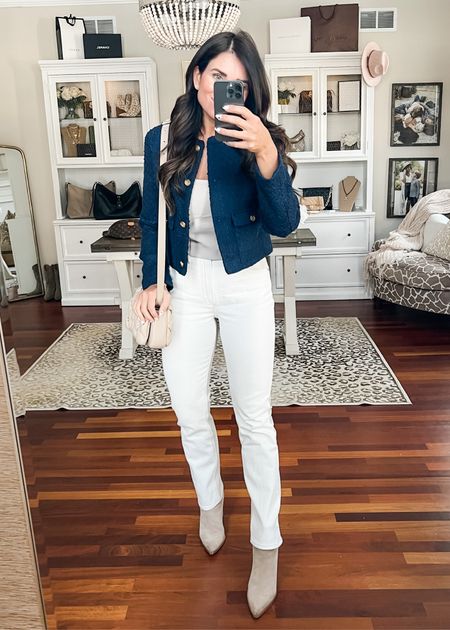 Abercrombie sale favorites denim white jeans tweed blazer spring outfit Amazon bag 

#LTKstyletip #LTKsalealert #LTKSeasonal