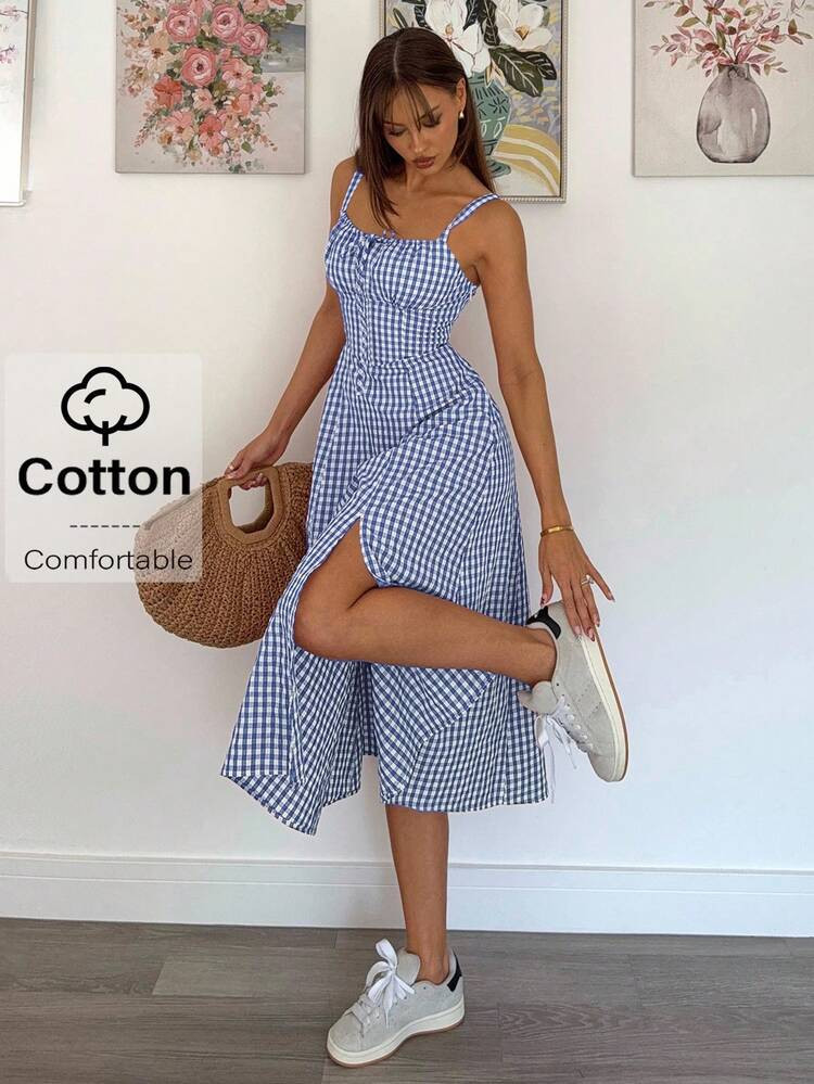 Siren Gaze Women's Casual Plaid Blue Sleeveless Cami Dress Split Midi Length Woven Fabric Comfortable A Line Summer | SHEIN