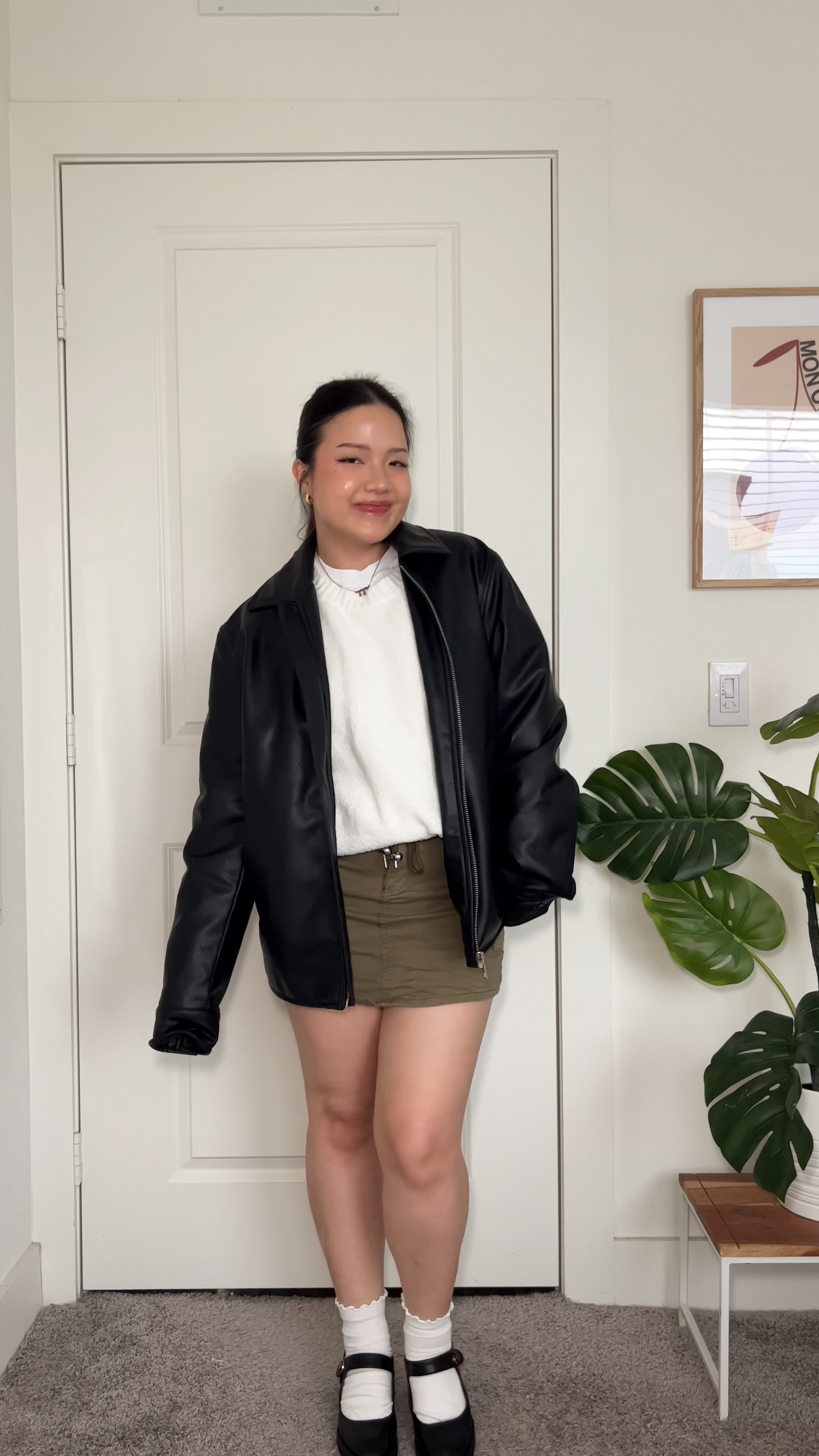 city stroll fall outfit inspo 🍂🚕

details:
sweater - size M
jacket - size M
skirt and shoes - thrifted but linking similar options below 

🏷️ casual chic fall outfit inspo, faux leather jacket, green cargo mini skirt, chunky sweater, sweater outfit, white oversized sweater, cozy sweater outfit #LTKFind

#LTKSeasonal #LTKstyletip #LTKVideo