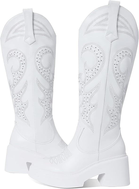 Artrotter Embroidered Studded Western Cowboy Boots for Women Almond Toe Platform Chunky Heel Desi... | Amazon (US)