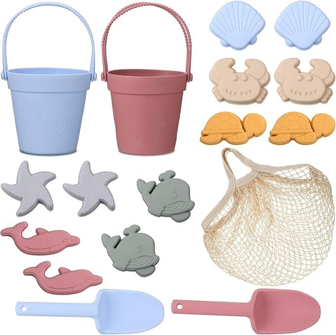 Hungdao 16 Pcs Silicone Beach Toys and 1 Mesh Beach Bag Set Collapsible Sand Toys Travel Sand Box... | Amazon (US)