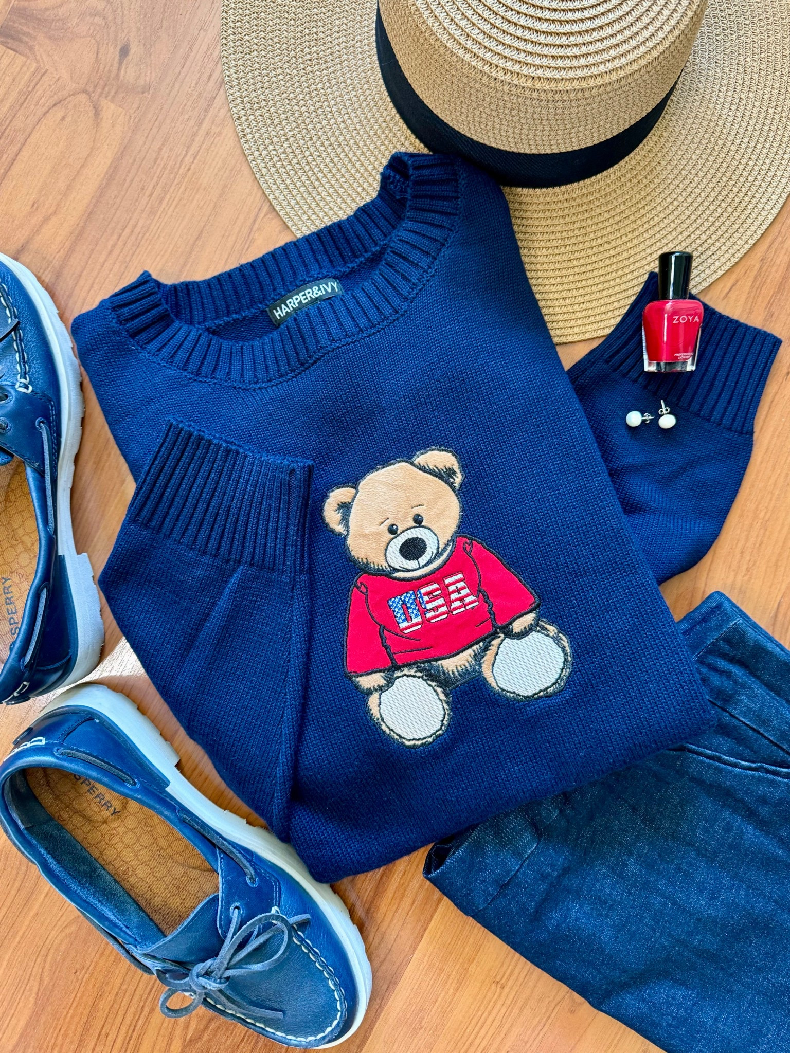Beary patriotic~ this lightweight navy sweater is perfect now, throughout the summer holidays, and year round if layered! Embroidered, not printed. I’ve already worn it with shorts, cargo joggers, and my favorite denim skirt. Limited stock! #usa #preppy #sweater #independenceday #bear #july #redwhiteandblue #memorialday #sperry #summeroutfit #laborday #flag

#LTKFindsUnder50 #LTKShoeCrush #LTKSummerEdit