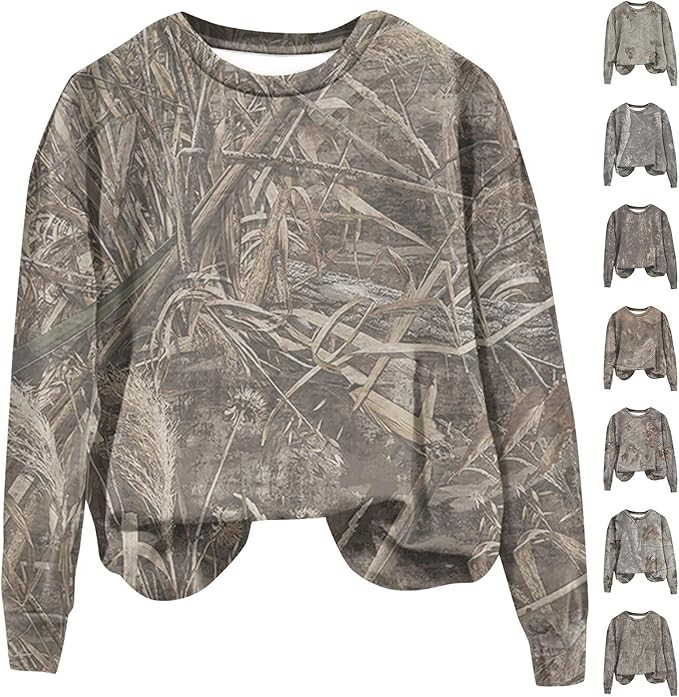 Dlongni Womens Camo Sweatshirt Maple Leaf Print Crewneck Sweatshirts Fall Long Sleeve Fleece Over... | Amazon (US)
